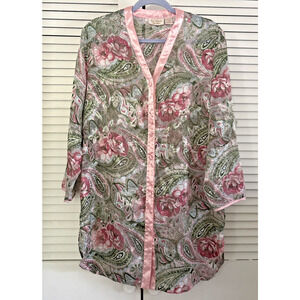 Vtg Victoria's Secret Gold Label Sheer Pink Green Paisley Button Sleep Shirt P/S